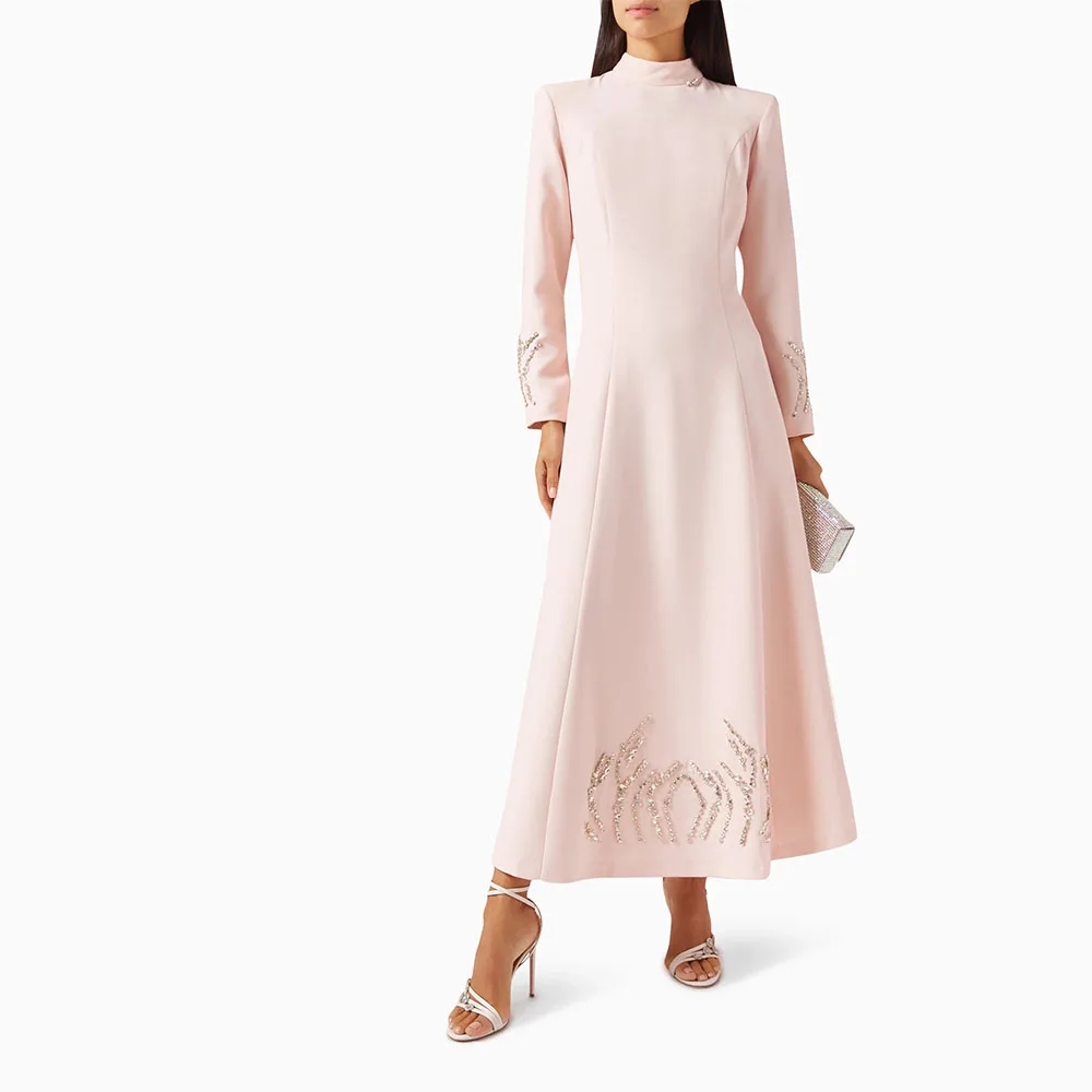 

Elegant Light Pink A Line Prom Dress O Neck Beading Evening Dress Long Sleeves Formal Party Dress Ankel Length Saudi Gown