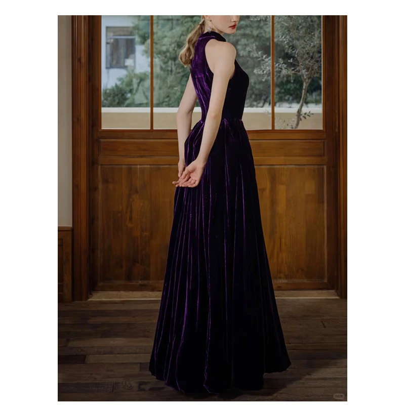 High-end Silk Velvet Women's Dress Purple Temperament Elegant Evening Dress Mulberry Silk Soft Comfortable Long Skirt Luxury