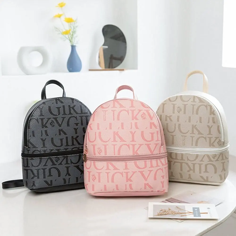 Ransel kecil kulit PU model Korea, tas selempang wanita, tas punggung multifungsi, motif huruf, ransel kecil kulit PU model Korea