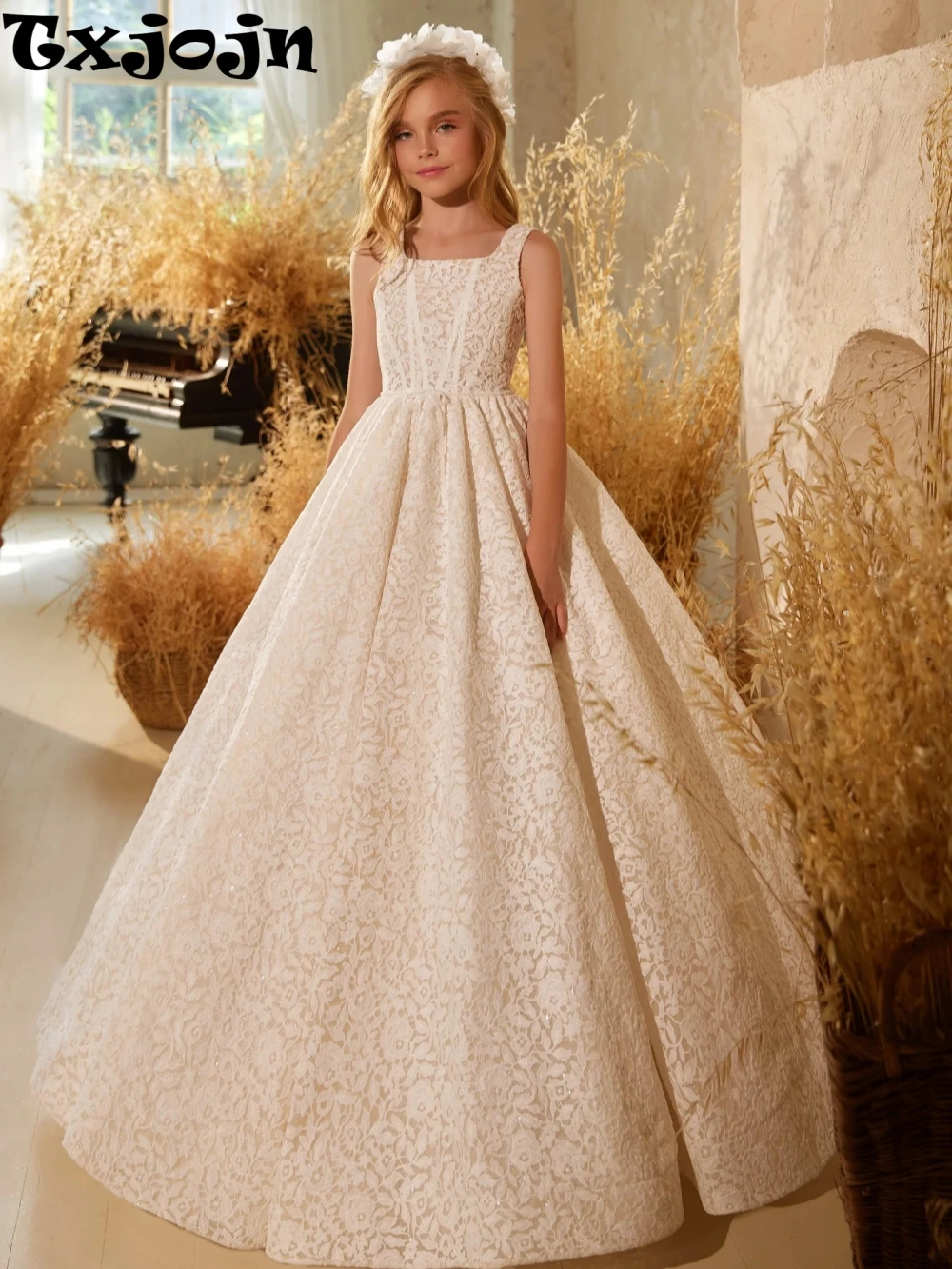 

Detachable Sleeve Girls Lace Long Party Dresses Children's Day Performance Outfit Classic Square Neck Kids Princess Gown On Sale