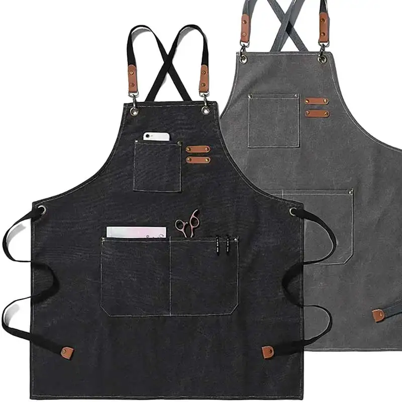 Waterproof Oilproof Canvas Cotton Apron Coffee Shop Kitchen Household Apron Gardening Denim Work Apron