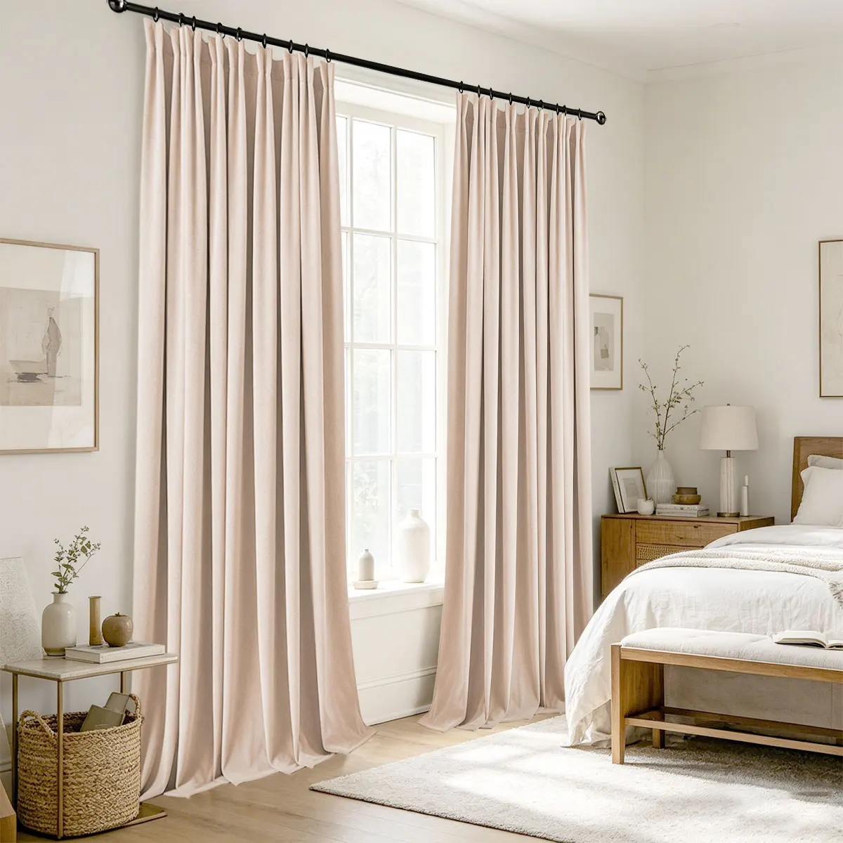 Off‑White Velvet Blackout Curtains 2‑Pack, Pinch Pleat Hook Top Drapes for Bedroom Living Room Home Decor