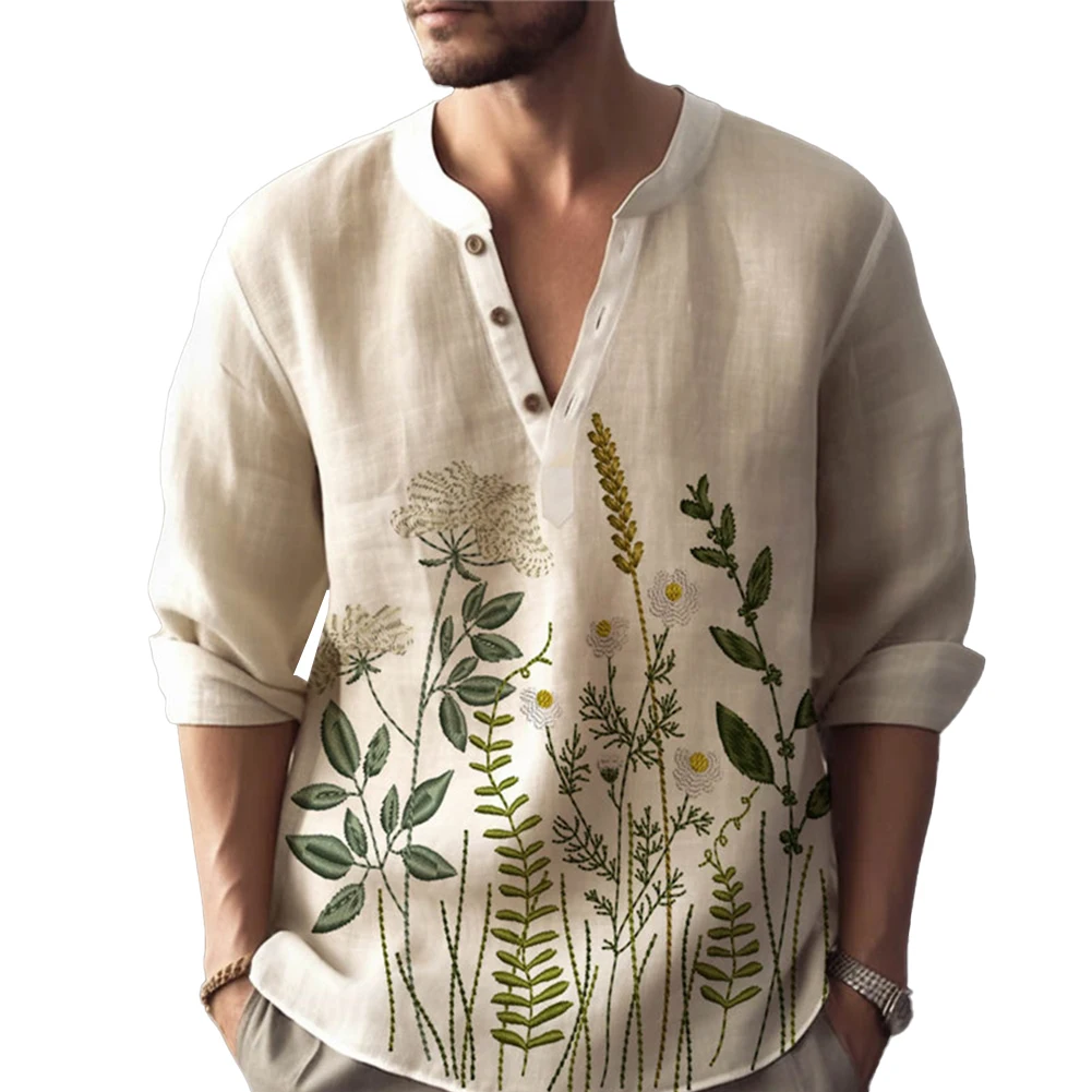

Blouse Men Shirt Solid Tops Beach V Neck Button Down Casual Henley Lightweight Linen Long Sleeve Vacation Working Comfy