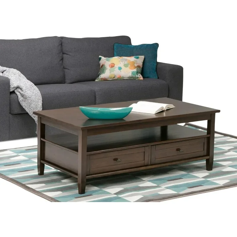 Warm Shaker SOLID WOOD Wide Rectangle Rustic Coffee Table in Tobacco Brown, for the Living Room and Family Room