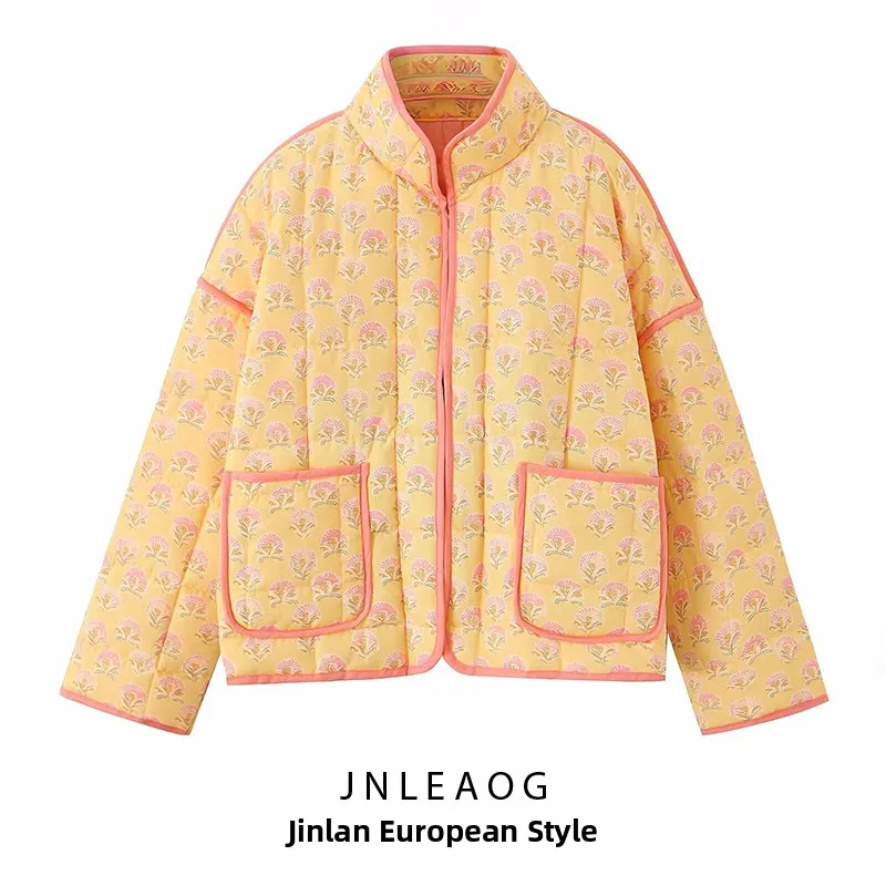 

JNLEAOG Новая осенняя женская модная хлопковая куртка с цветочным узором, универсальная, в уличном стиле, с длинными рукавами, на молнии