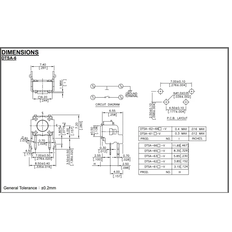 대만 DIP DTSA-65R-V 촉각 스위치, 브래킷 포함, 수평 2 핀 레드, 6x6x9.5, 20 개/몫