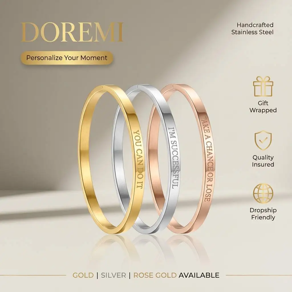 Bracelet en acier inoxydable gravé DOREMI, étanche et inaltérable, avec citation personnalisée, mantra, bijou de manifestation sur mesure