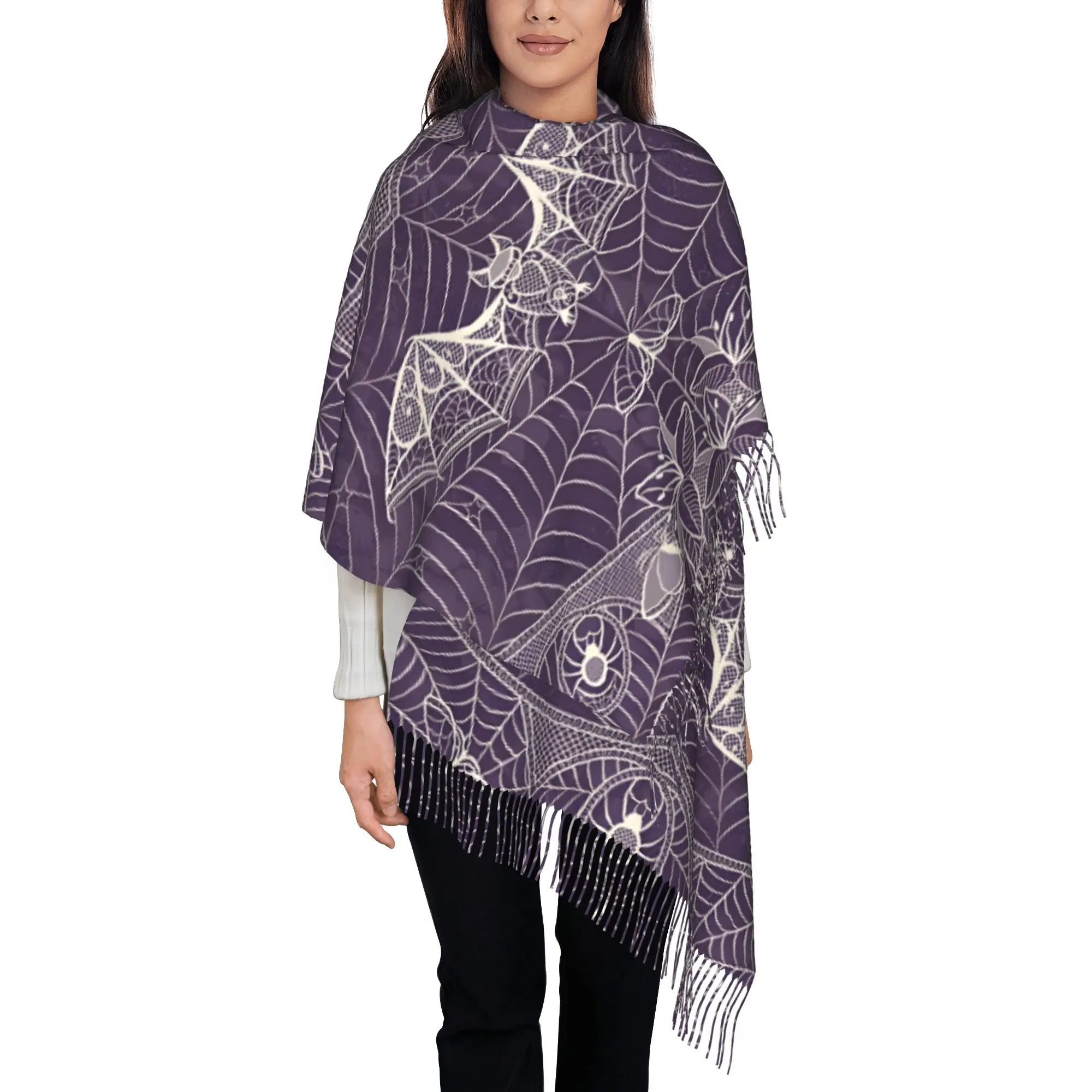 1pc Gothic Halloween Lace Bats Plum Soft and Warm Scarf, Suitable for Autumn, Winter, Spring, Outdoor Activities