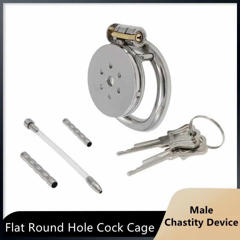 Male Chastity Device Flat Round Hole Metal Chastity Lock,Cock Cage,Urethra Catheter,Penis Ring,Bondage Belt Sex Toys For Men Gay