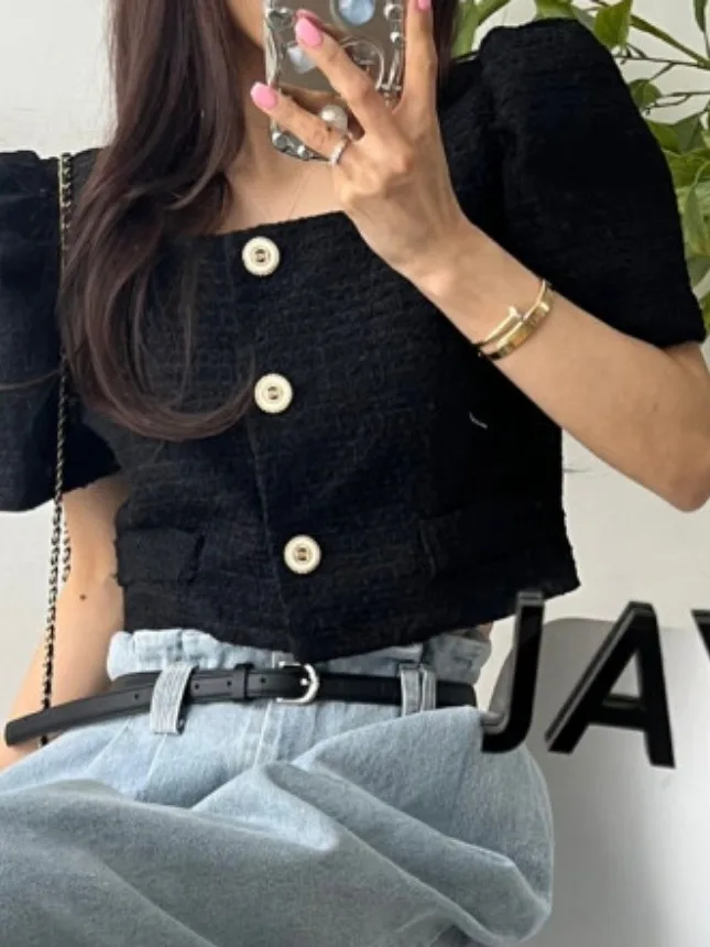 

Summer New Women's Short Coat 2026 Square Collar Short Sleeve Thick Tweed Miniature Fragrance Style White Polyester Fiber