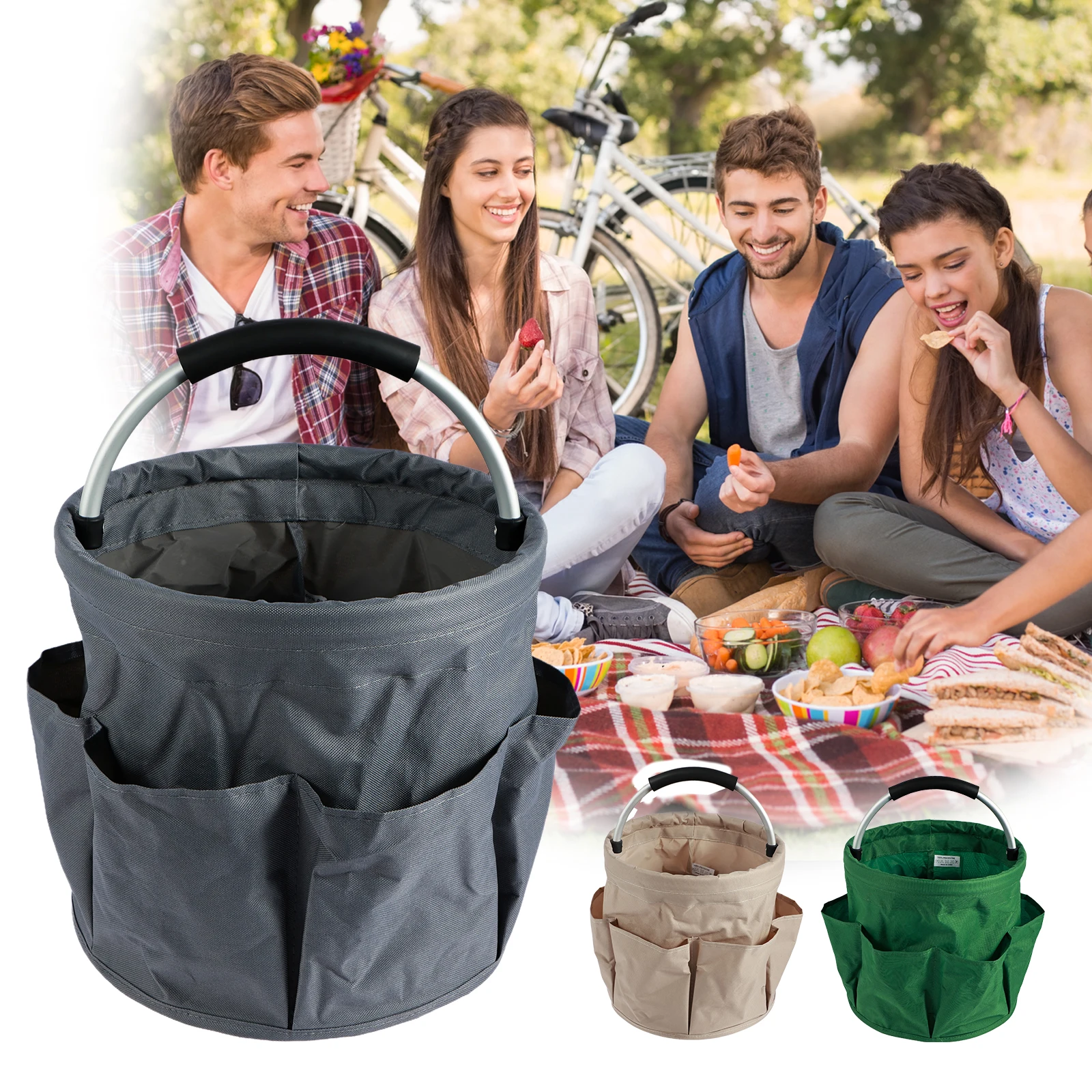 17L Hand Storage Basket Folding Garden Tool Basket Portable Picnic Basket Large Capacity Multifunctional Wash Bag with 6 Pockets