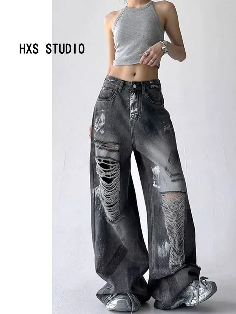 2026 Autumn Women Vintage Washed Ripped Jeans High Waist Straight Leg Floor Length Pants Lazy Distressed Retro American Street