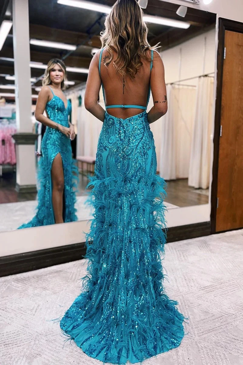 ที่กําหนดเองชุดสตรีแขนกุด SHINY Sequins Feather ชุดราตรีเซ็กซี่ปิดไหล่ Backless ยาวชุดราตรีอย่างเป็นทางการ