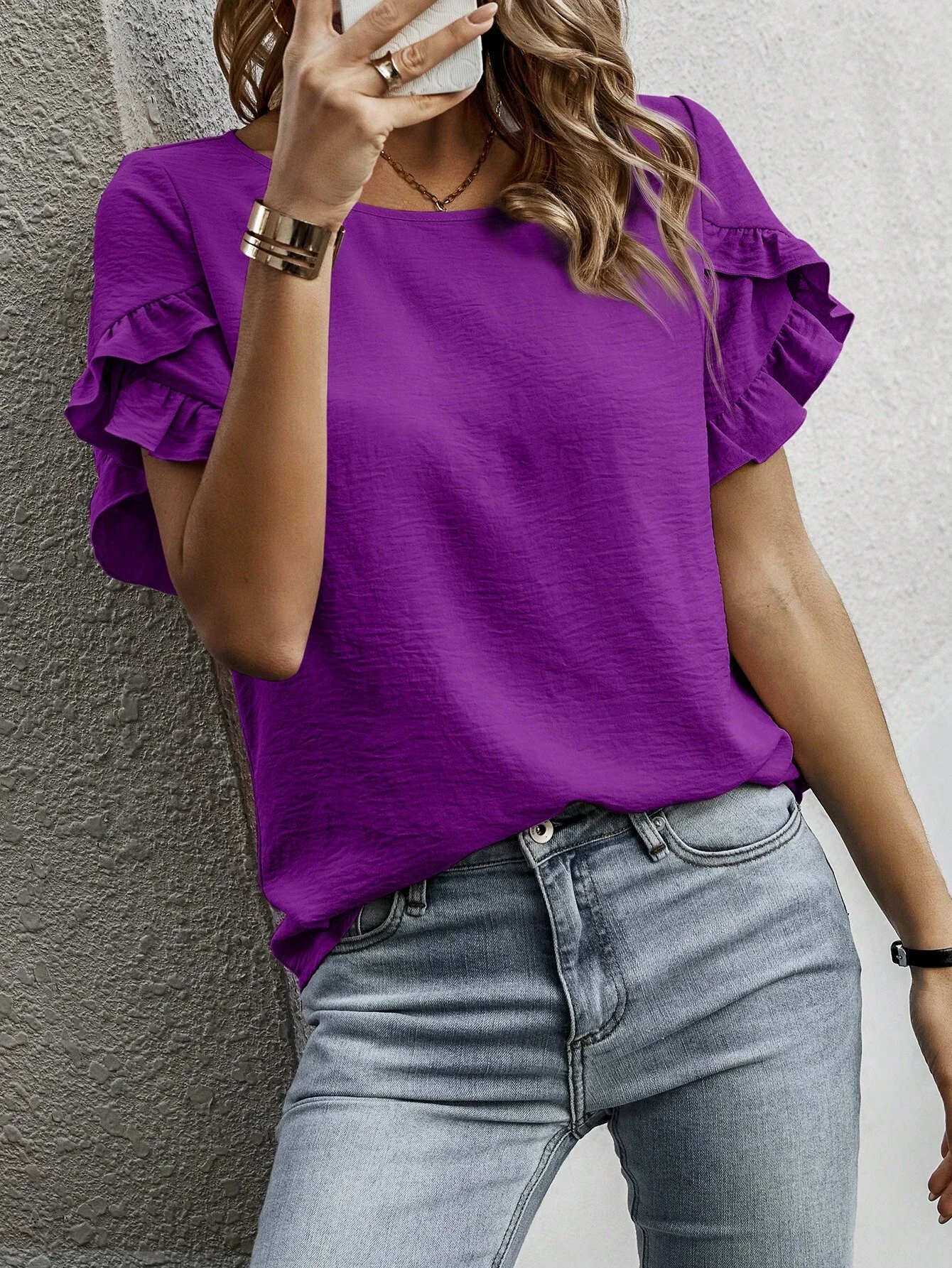 

Solid Color Round Neck Casual Short Sleeve Ruffle Top