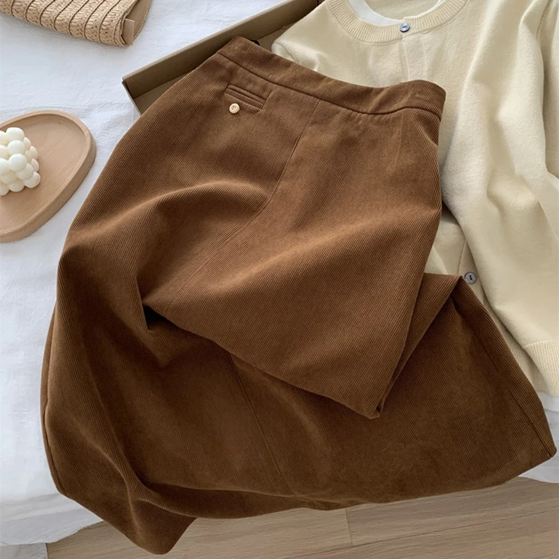 

Вельветовая юбка с высокой талией в стиле ретро для женщин, дизайнерские юбки средней длины с разрезом на одной пуговице, осенние женские юбки на бедрах с запахом