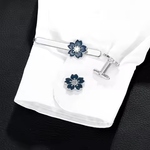 Funny Blue And Black Colors Cherry Blossom Shaped Cufflinks&amp;Tie Clip Set Mens Flower Jewelry Accessories