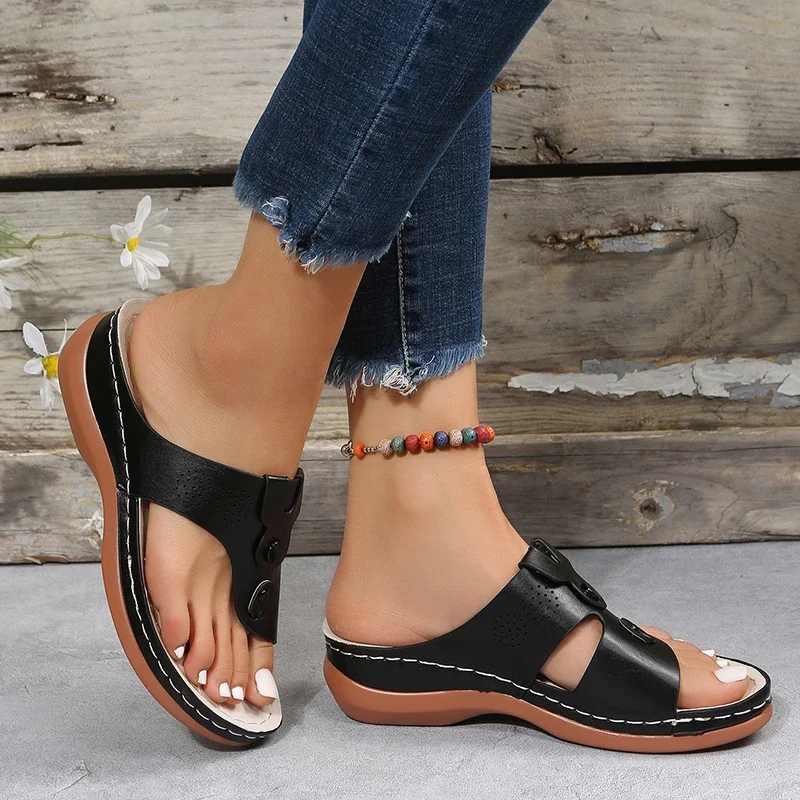 Damen Verstellbare Keilabsatz-Sandalen mit Knopfverschluss, Orthopädischer Fußgewölbestütze, Perforierte Sommer-Plateau-Flip-Flops – Detail 25