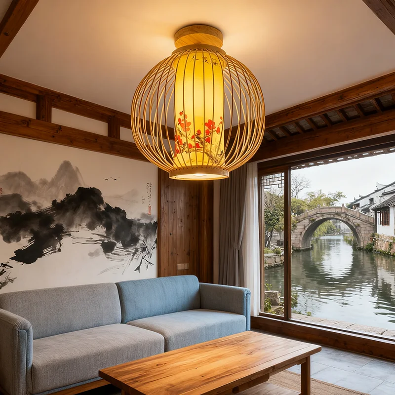 المنسوجة يدويا الخيزران فلوش جبل مصباح السقف النمط الصيني الياباني الثريا الطبيعية للمنزل فندق مطعم ديكور