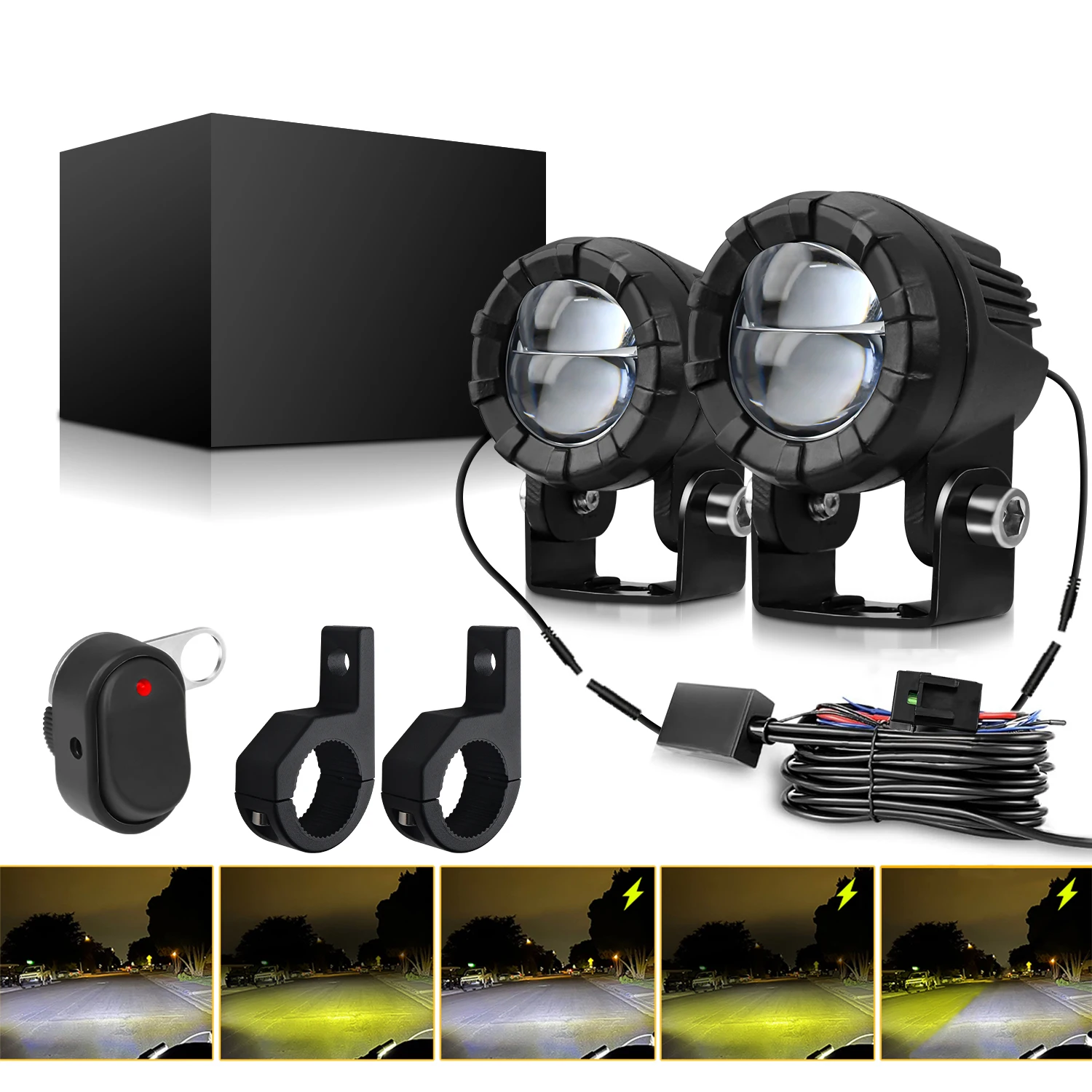 2pcs Motorcycle Fog Light Spotlight Auxiliary Driving Light White Yellow High Low Beam 3000LM Headlight Work Light Mount Bracket
