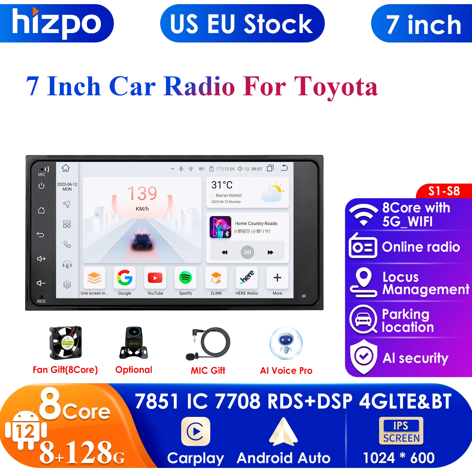 7''4G 2Din Android Car Radio for Universal Toyota RAV4 Corolla Hilux Terios 4Runner Vios Prado Yaris Auris Multimedia Carplay BT