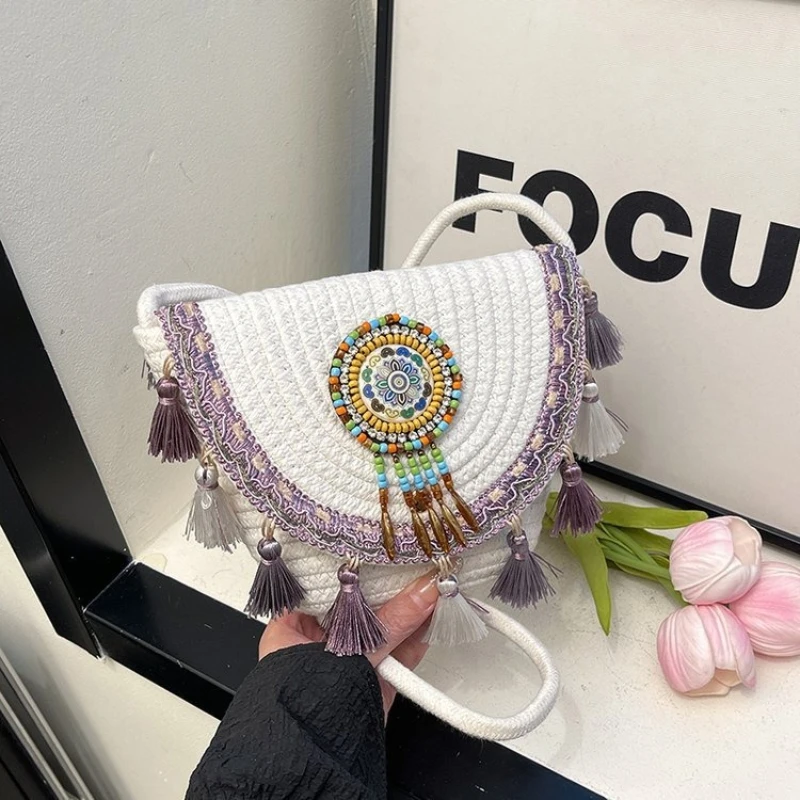

Ethnic Crossbody Bag Weave Multicolored Bead Embellishment Dual Tone Fringe Tassel Decor for Holiday Trips Daily Shoulder Purse