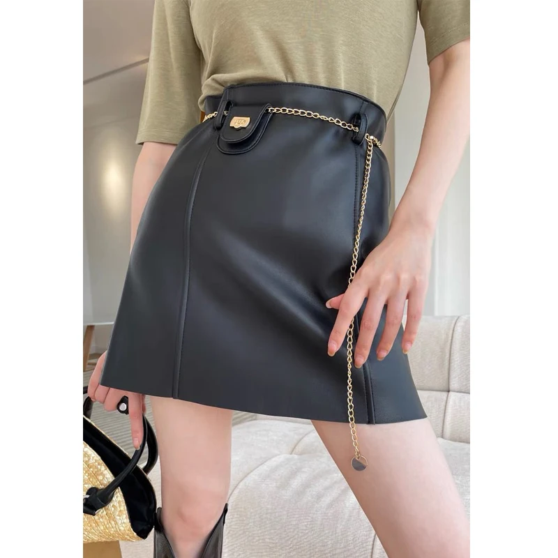 

High Quality Sheepskin Chain Leather Skirt for Women Chic High Waist A-line Skirts Real Leather Package Hip Short Skirts Bottom