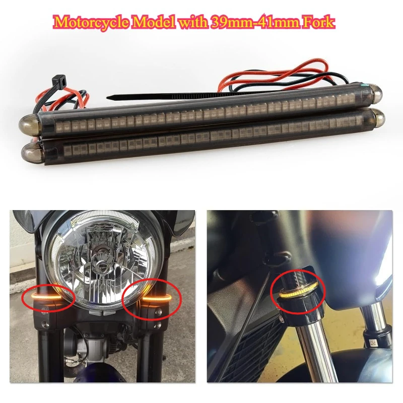 

LED Wrap Around Fork Turn Signal Light Strip Kit with Smoked Lens Universal Fit for most of Motorcycle Model with 39mm-41mm Fork
