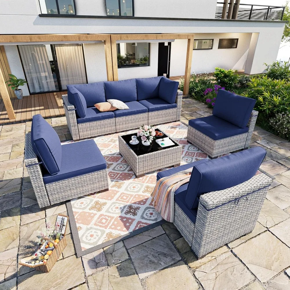 

7-Piece Patio Furniture Set, Outdoor Furniture with Thick Cushions | Modular Sofa, Dual-Strand Rattan for Garden, Backyard
