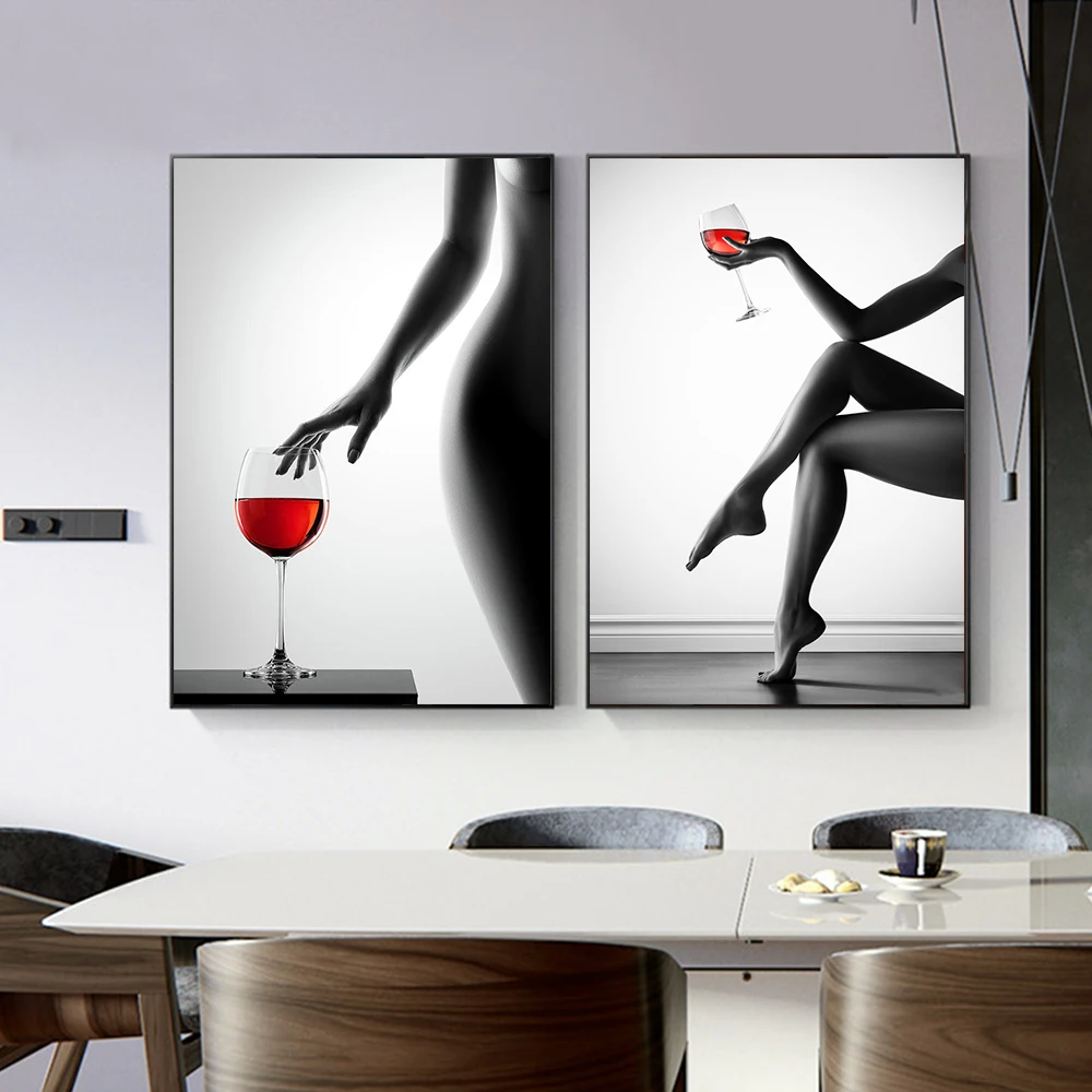 

Modern Half Nude Woman Wine Glass Decorative Black White Sexy Girl Prints Canvas Poster for Room Wall Decoration Christmas Gift