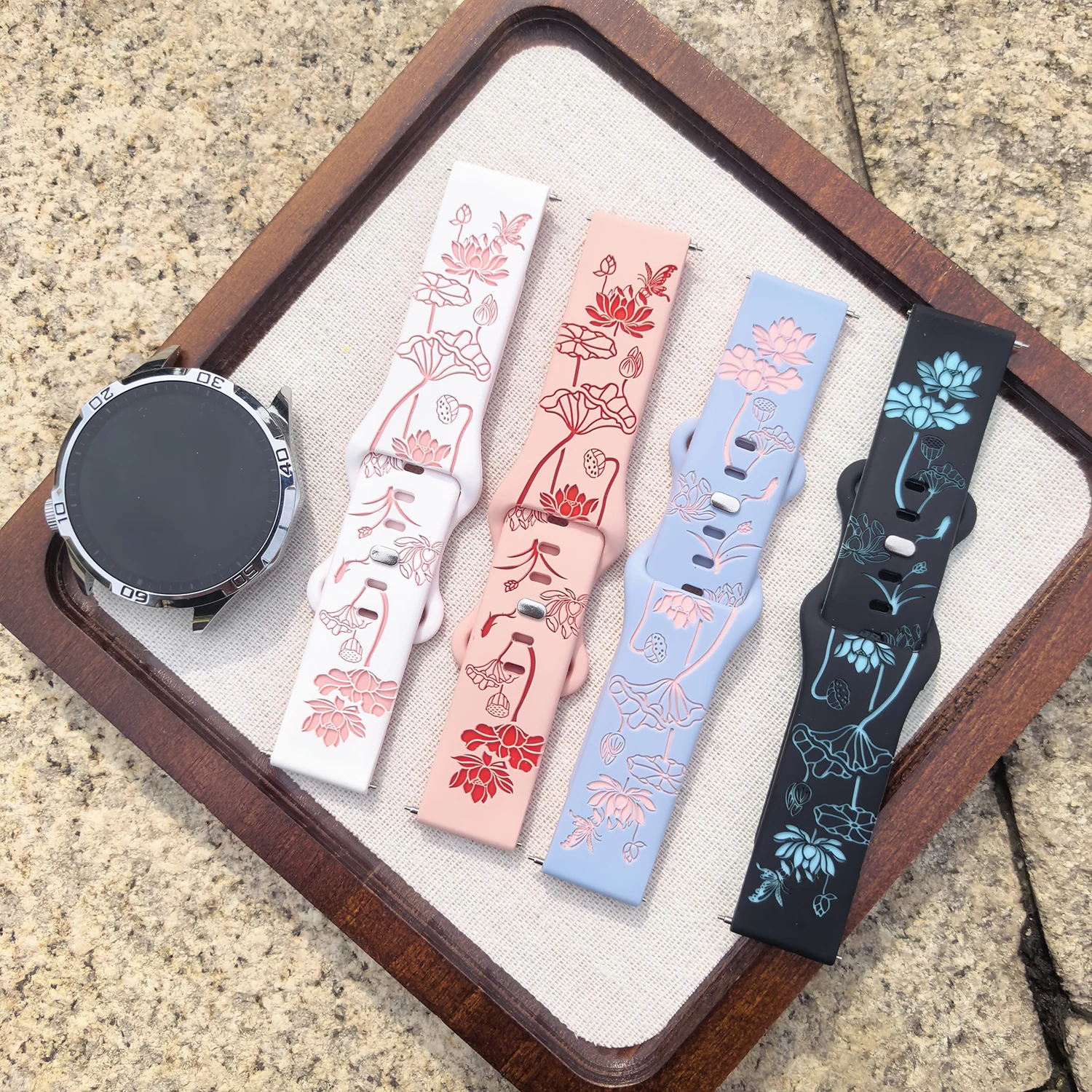 Universal 20mm Chinese Style Lotus Carving Strap Soft Skin-Friendly Compatible For Samsung Galaxy Watch 4 5 6 7 Fit3