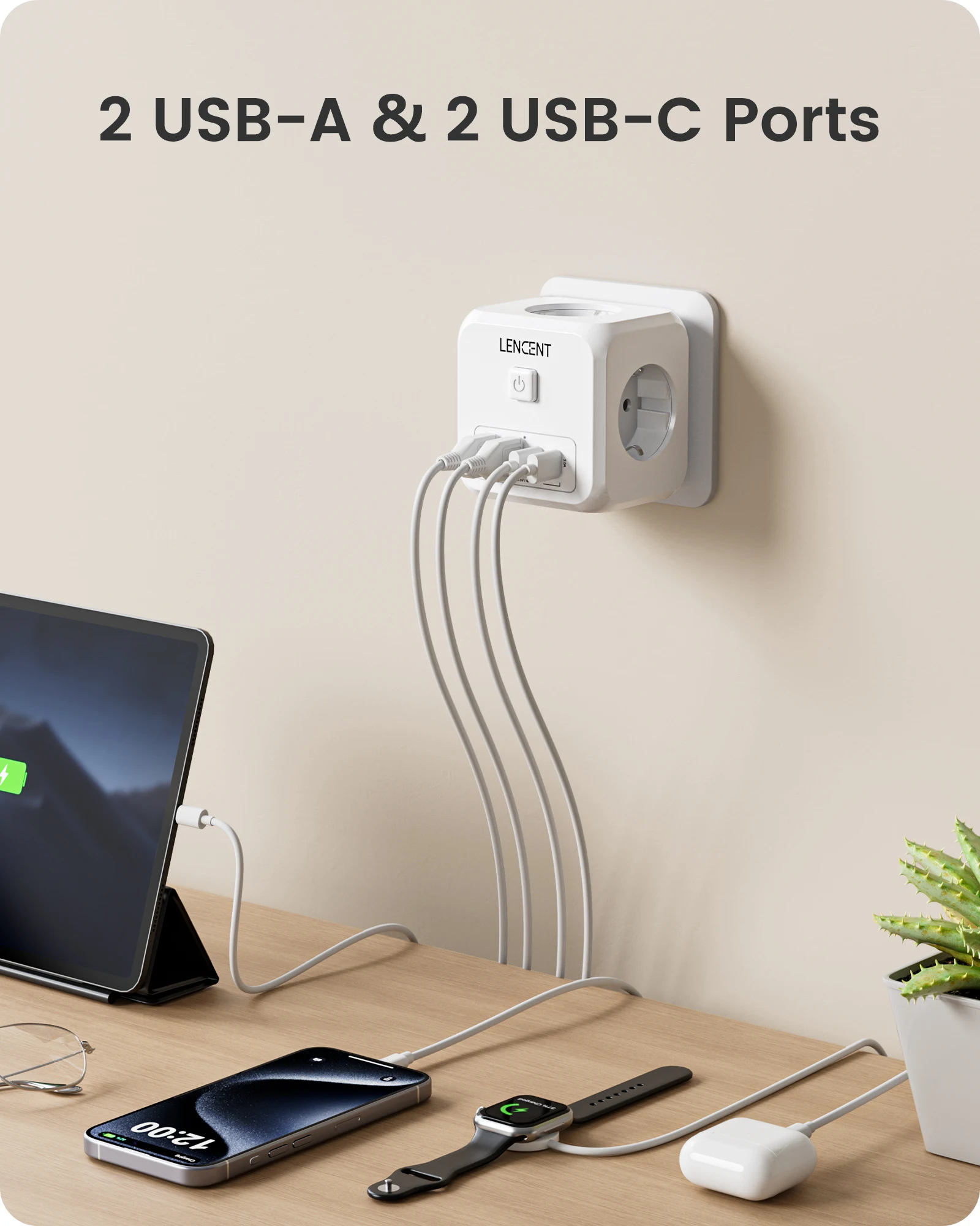 LENCENT 7 w 1 EU Plug Wall Socket Extender z 3 gniazdami AC + 2 USB-A + 2 USB-C Cube Socket On/Off Adapter włącznika/wyłącznika do domu