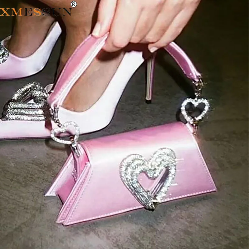 XMESSUN Women New Heart Rhinestone Diamond Handbags,Luxury Designer Satin Evening Clutch Bags Ladies Silk Wedding Shoulder Bag
