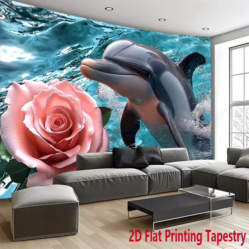 Dolphin and Pink Rose Tapestry, Ocean Flower Wall Hanging, Romantic Coastal Aesthetic Room Decor Extra large size 180x350cm