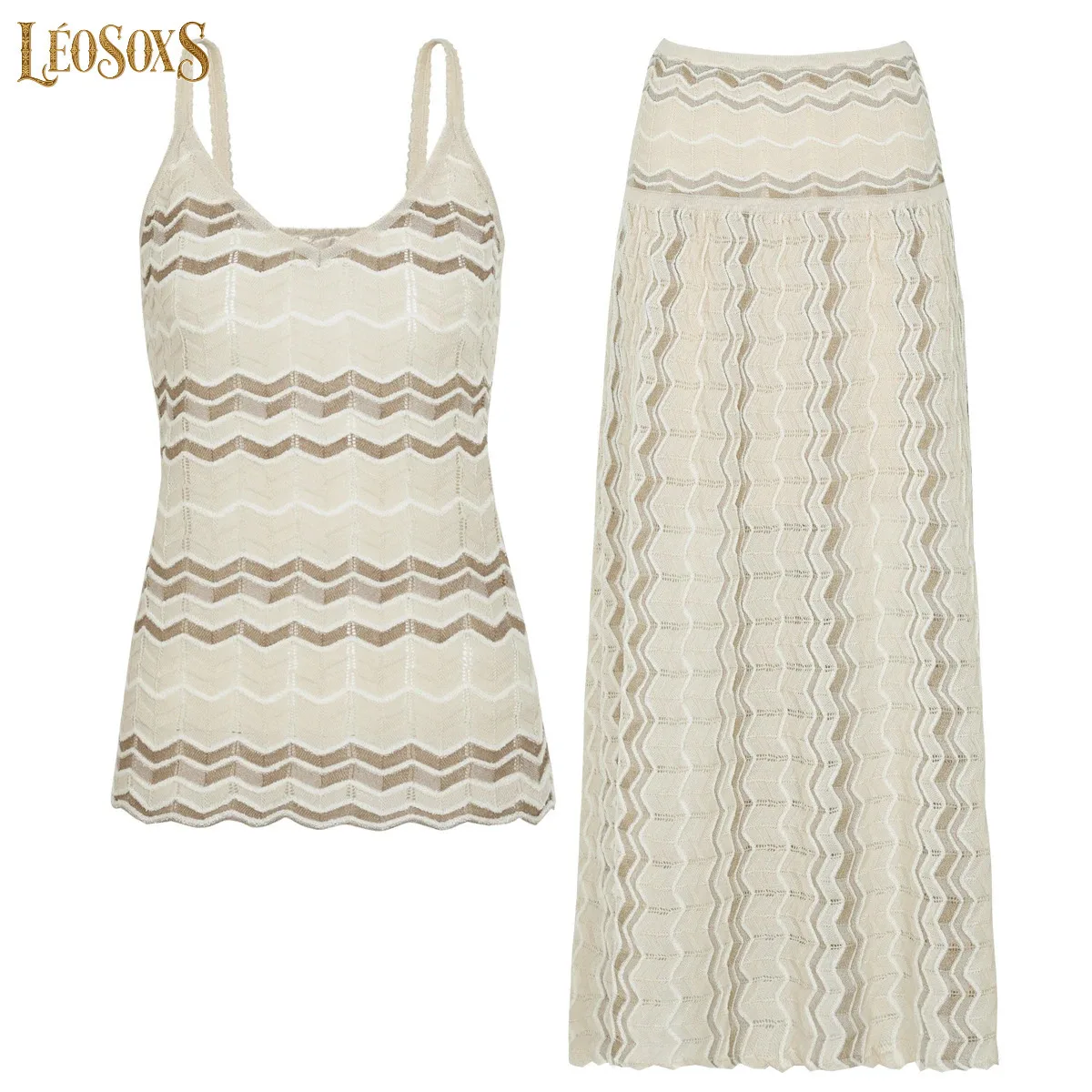 LEOSOXS Summer New Women Knitted TwoPiece Set Wavy Pattern Cami Top With Skirt HighQuality Commuter Elegant Outfit