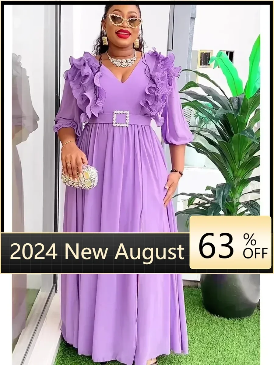 

Plus Size African Party Dresses for Women 2024 New Summer Fashion Chiffon Evening Gown Elegant Turkey Muslim Maxi Long Dress