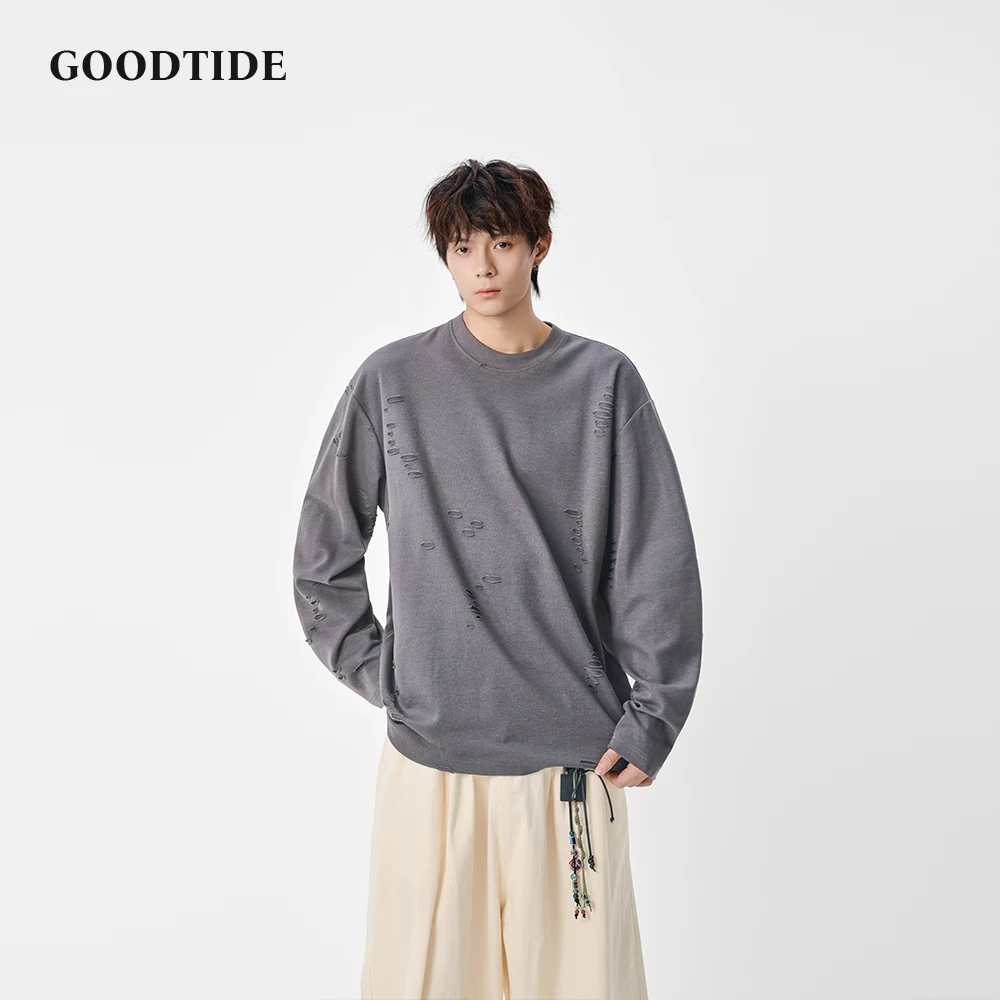 

Men's Casual Crew Neck Sweatshirt Gray with Distressed Cutout Detail and Loose - Fit Design Fashion Autumn Winter Daily Wear Top