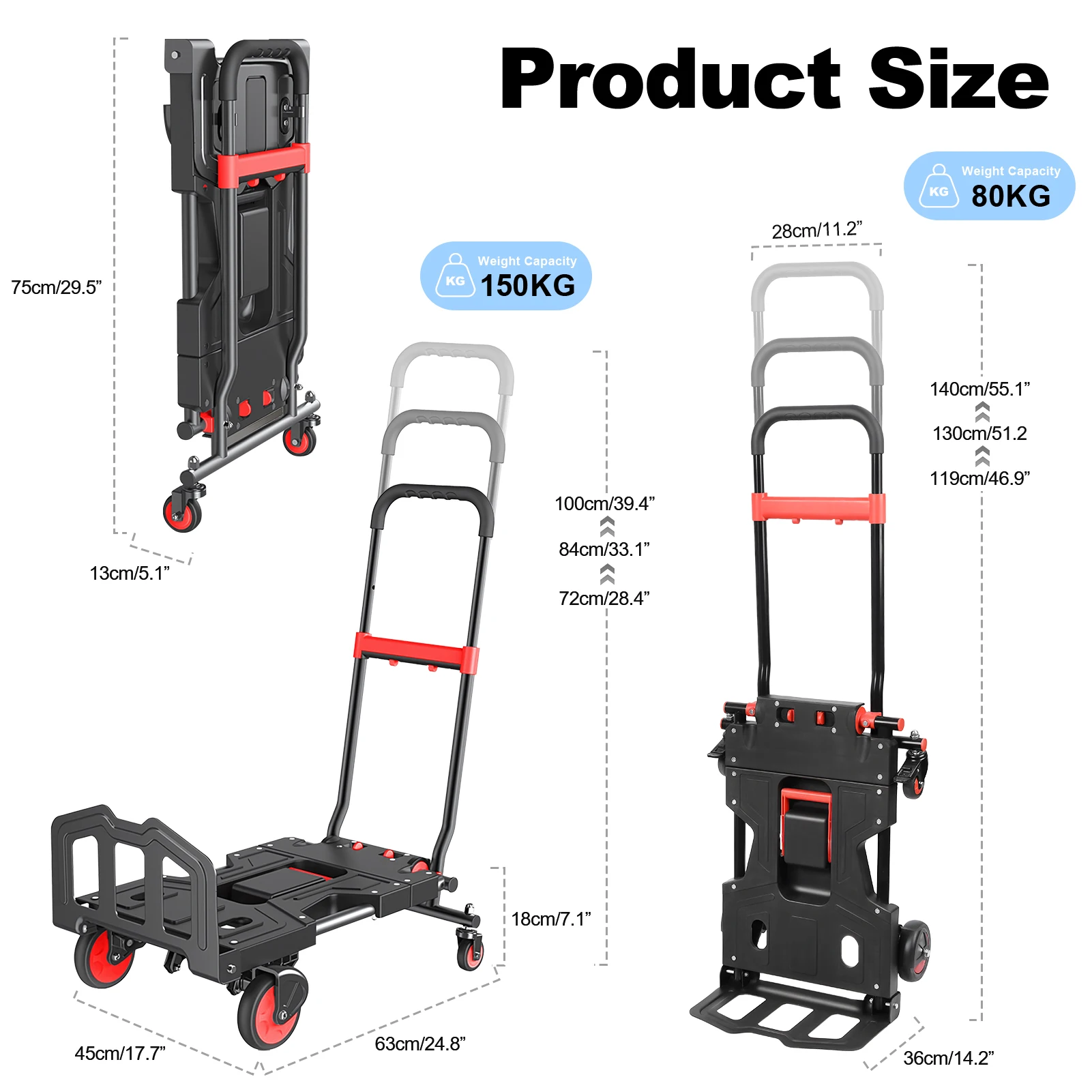 

Hand Truck Dolly 3 In 1 Convertible Moving Cart 150kg Capacity With Telescopic Frame Non-Slip Wheels For Easy Delivery Luggage
