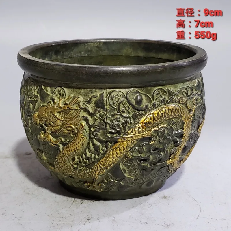 Brass rice jar with dragon and phoenix motifs, decorative piece for living room, office, home, antique craft