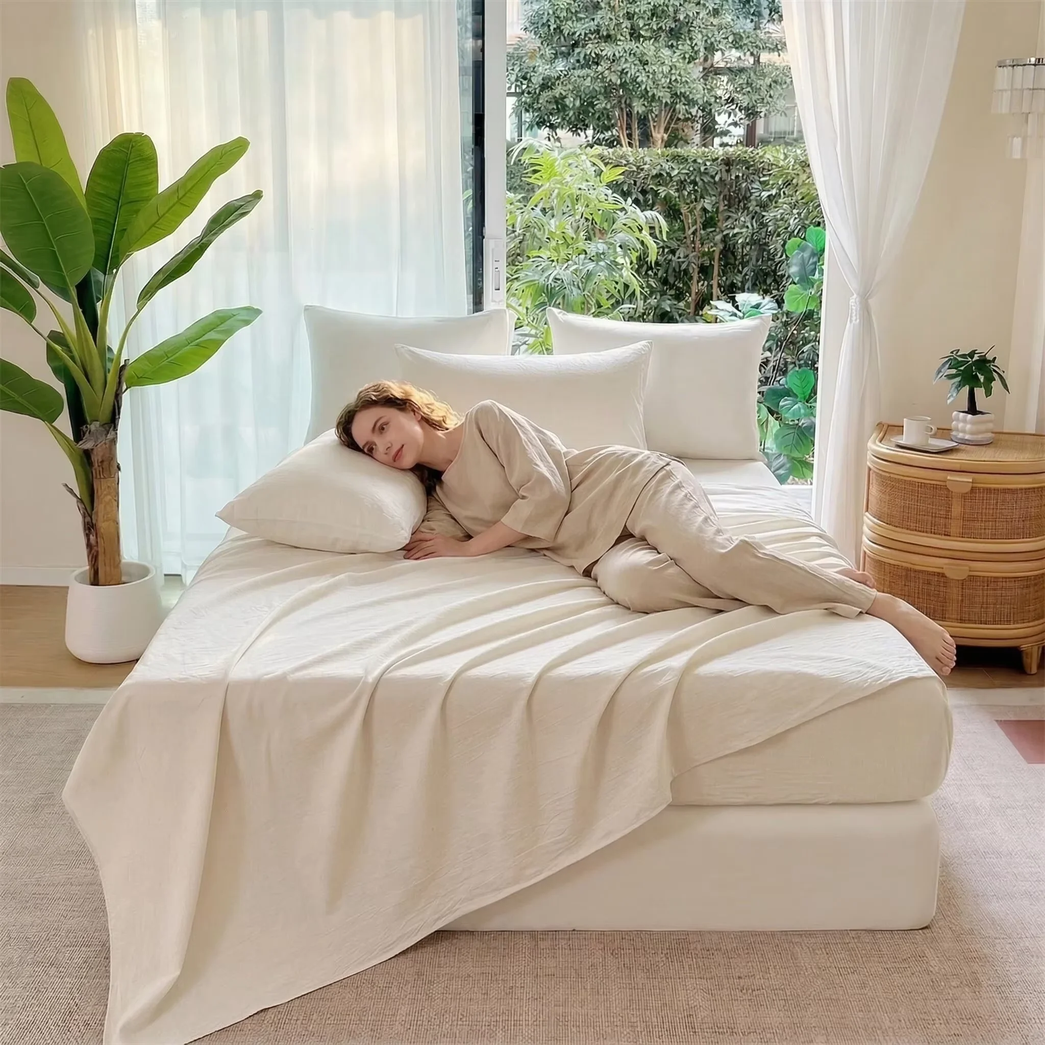 Juego de 3 piezas de sábanas de lino (1 sábana de lino + 1 sábana bajera + 1 funda de almohada) apto para todas las estaciones, lavable a máquina