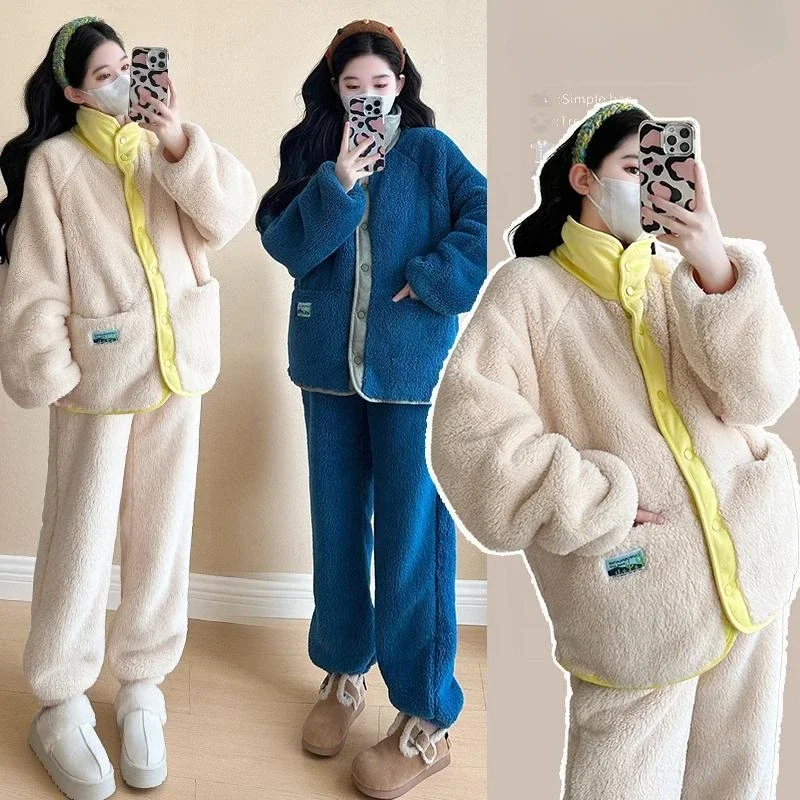 Pregnant Women's Winter Suit New Cashmere and Thick Pajamas Coat Loose To Wear Winter Warm Home Clothing Two-piece Set Sleepwear