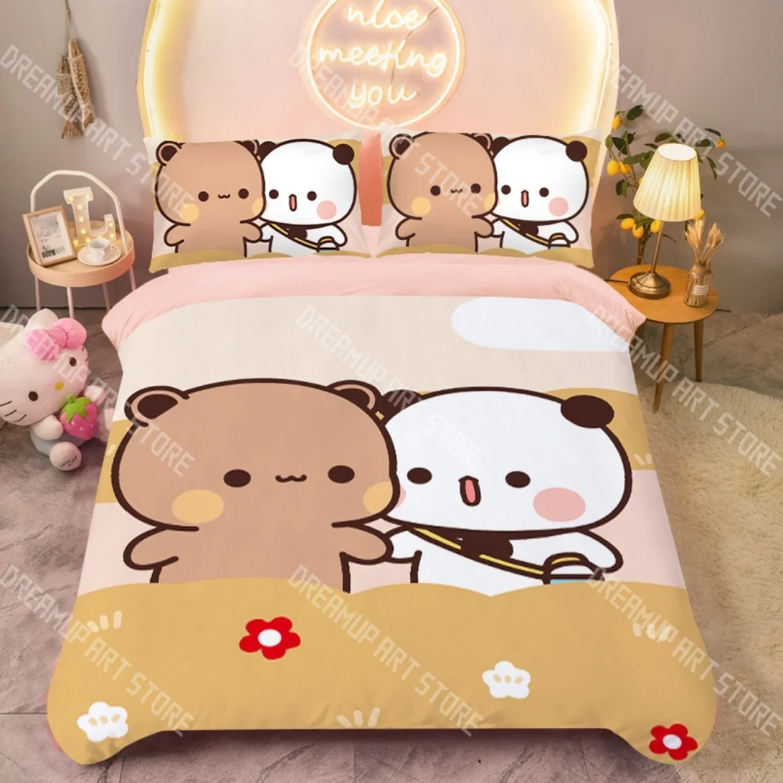 Fotografia 3: Moda bubu dudu dos desenhos animados urso panda conjunto de cama único gêmeo completo queen king size conjunto cama crianças quarto conjunto capa edredão