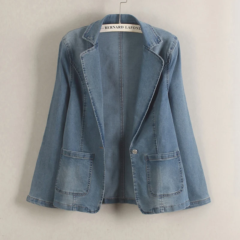 

Autumn New Women Blue Slim Short Jeans Jacket Fashion Pocket Notched Collar Single Button Long Sleeve Female Cowboy Outerwear
