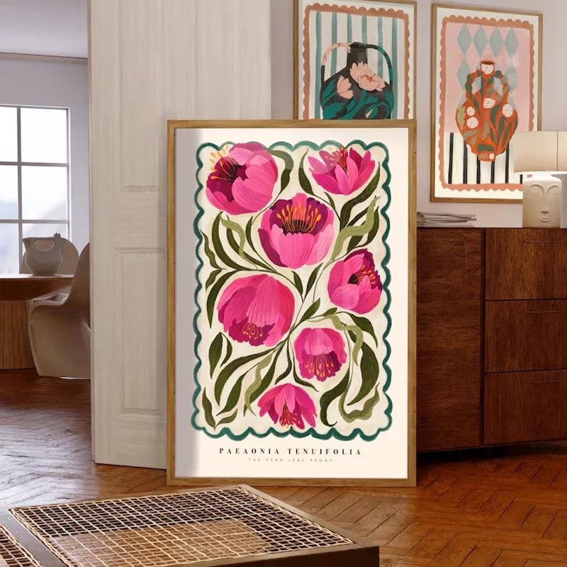 Frameless canvas paintings,Summer Peony, Colourful Quirky Handrawn Art, Peonies, Colourful Art, Bright Colourful Art Print, Mode