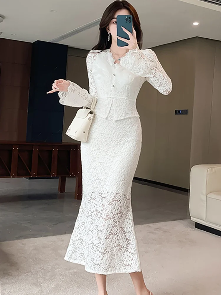 Autumn Winter White Lace Hook Flower Hollow Long Dress Women Korean Fashion Bodycon Party Dress 2024 Elegant Luxury Night Dress