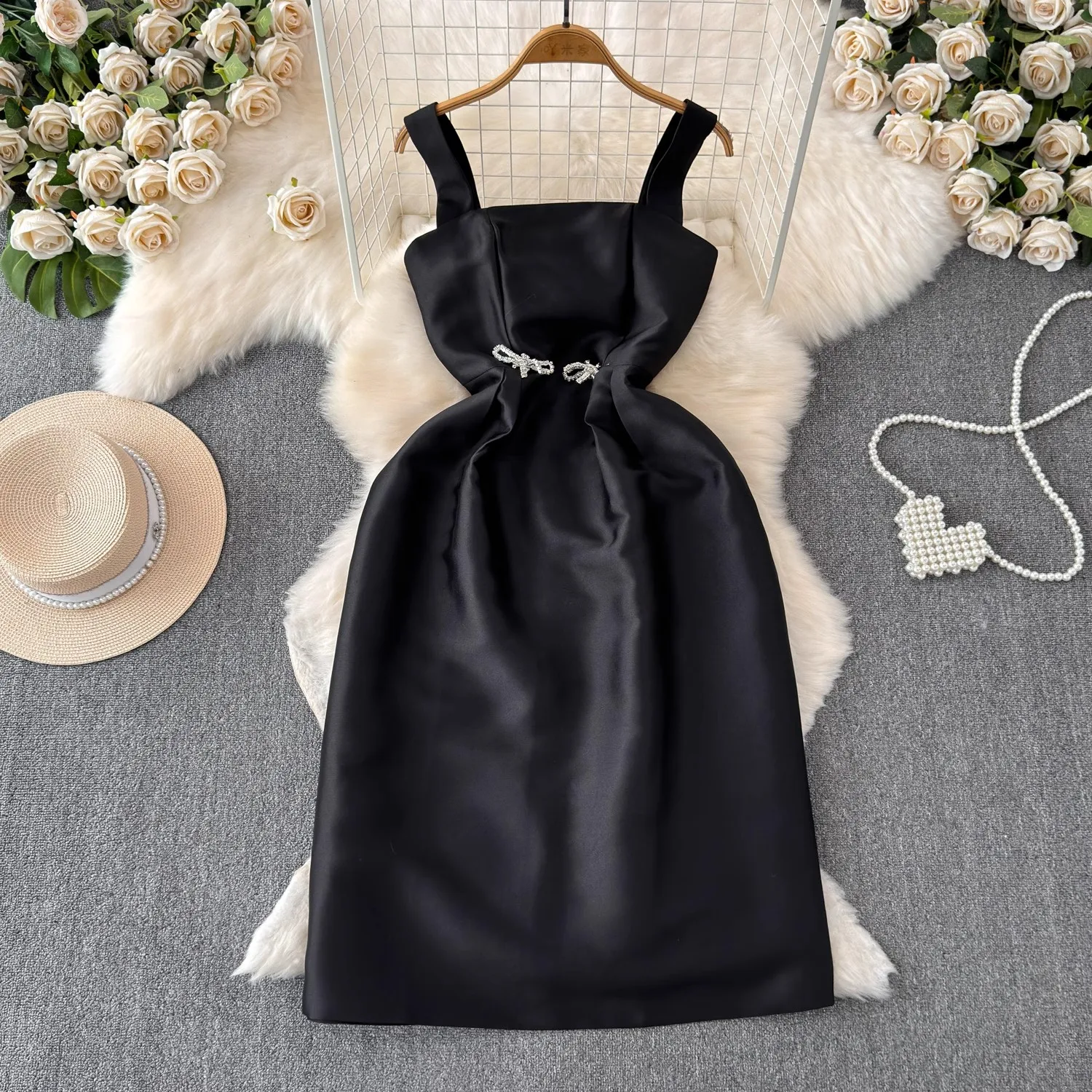 High Quality Women Summer French Style Camisole Square Collar Sleeveless Diamonds Bow Ball Gown Party Dresses