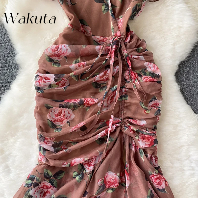 WAKUTA French Retro V-neck Niche Design Print Dress Autumn Collection Waist Bag Buttocks Casual Fishtail Vestidos Elegante Mujer