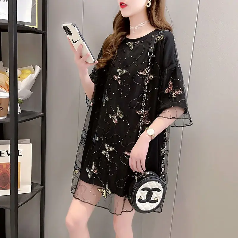 Women Summer Korean Fashion Loose Net Yarn Patchwork Large Size O-neck Short Sleeve T-Shirt Ladies Casual Appear Thin Top Tee