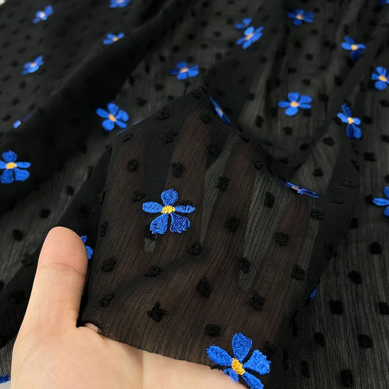 Blue Embroidered Chiffon Fabric Dress Shirt Cheongsam Clothing Fashion Designer Fabric Handmade DIY Cloth