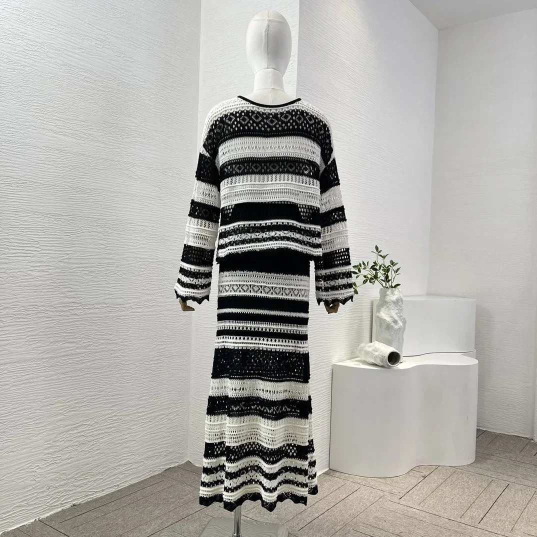 Domedeer Women Casual Two Pieces Set Black White Striped Hollow Knitting Long Sleeve Blouse and Midi Skirt Suit 2024 Spring Fall