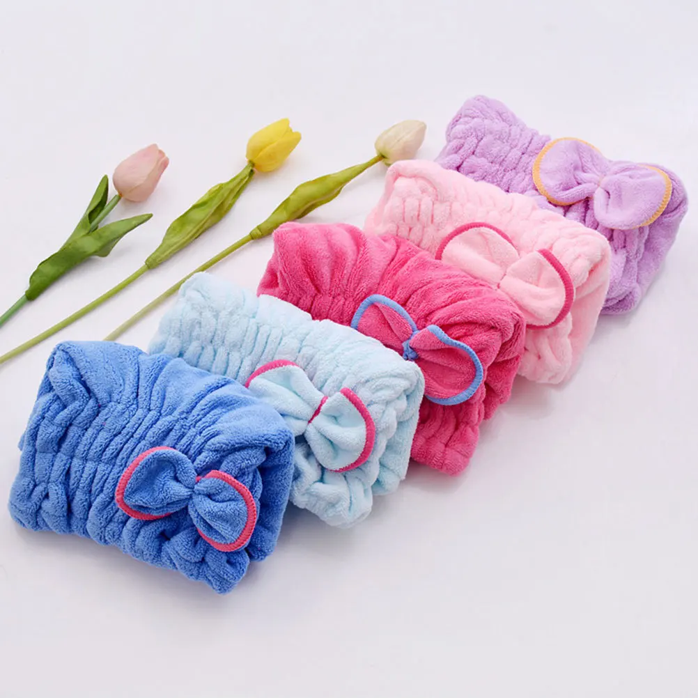 

Dry Hair Cap Coral Fleece Bowknot Design Fast Drying Microfiber Hair Drying Cap For Women Shower Bath Travel Use